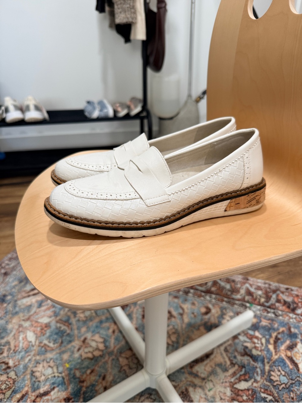 Woven Penny Loafers in White with Cork-Trim Sole